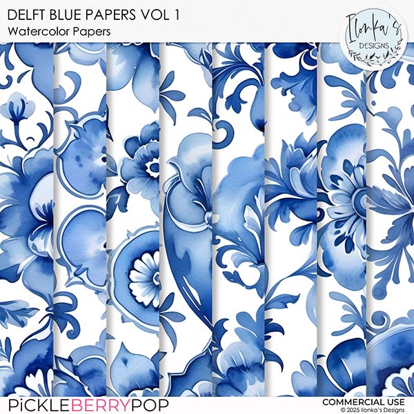 CU Watercolor Delft Blue Papers Vol 1 by Ilonka's Designs