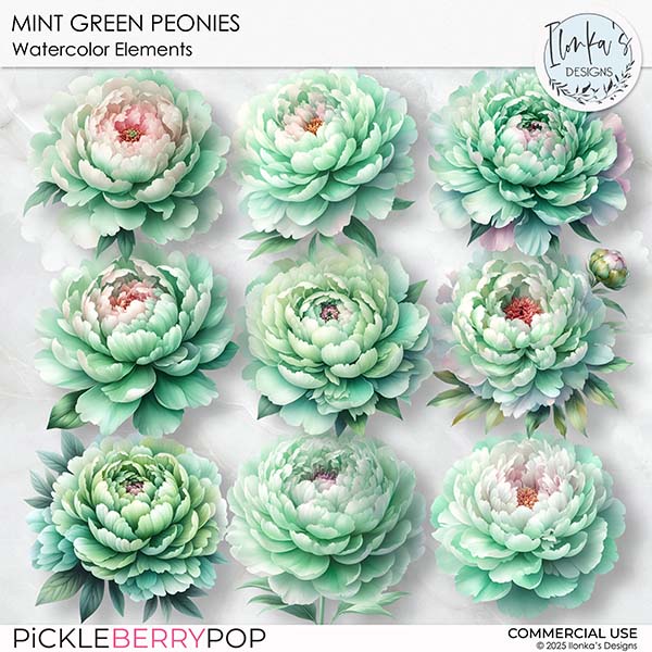 CU Watercolor Mint Green Peonies by Ilonka's Designs
