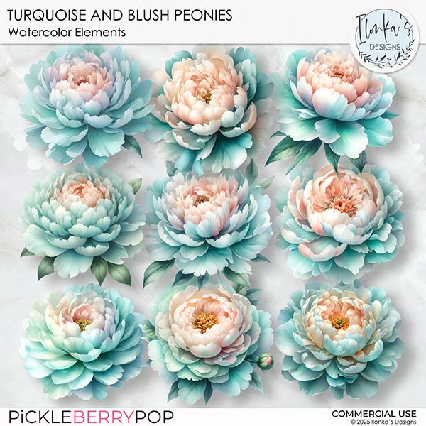 CU Watercolor Turquoise And Blush Peonies by Ilonka's Designs