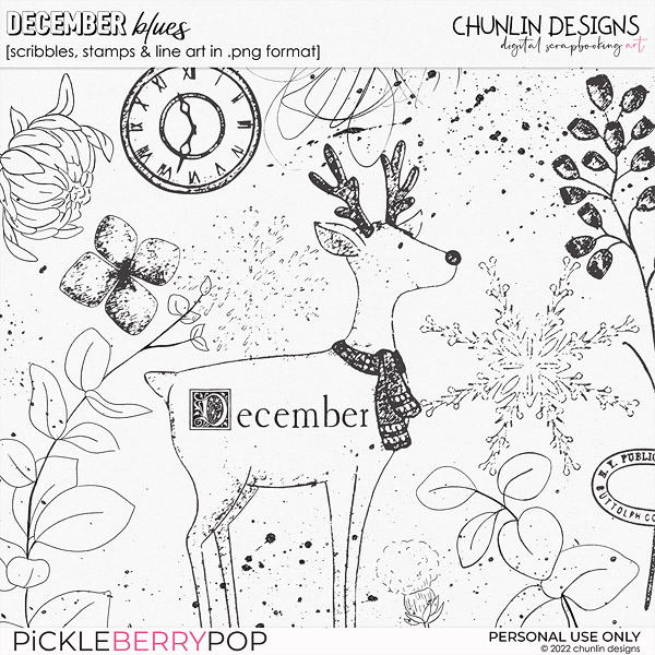 December blues - scribbles, stamps & line art in .png format