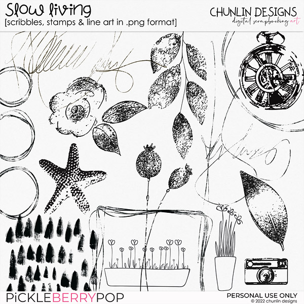 Slow living - scribbles, stamps & line art in .png format